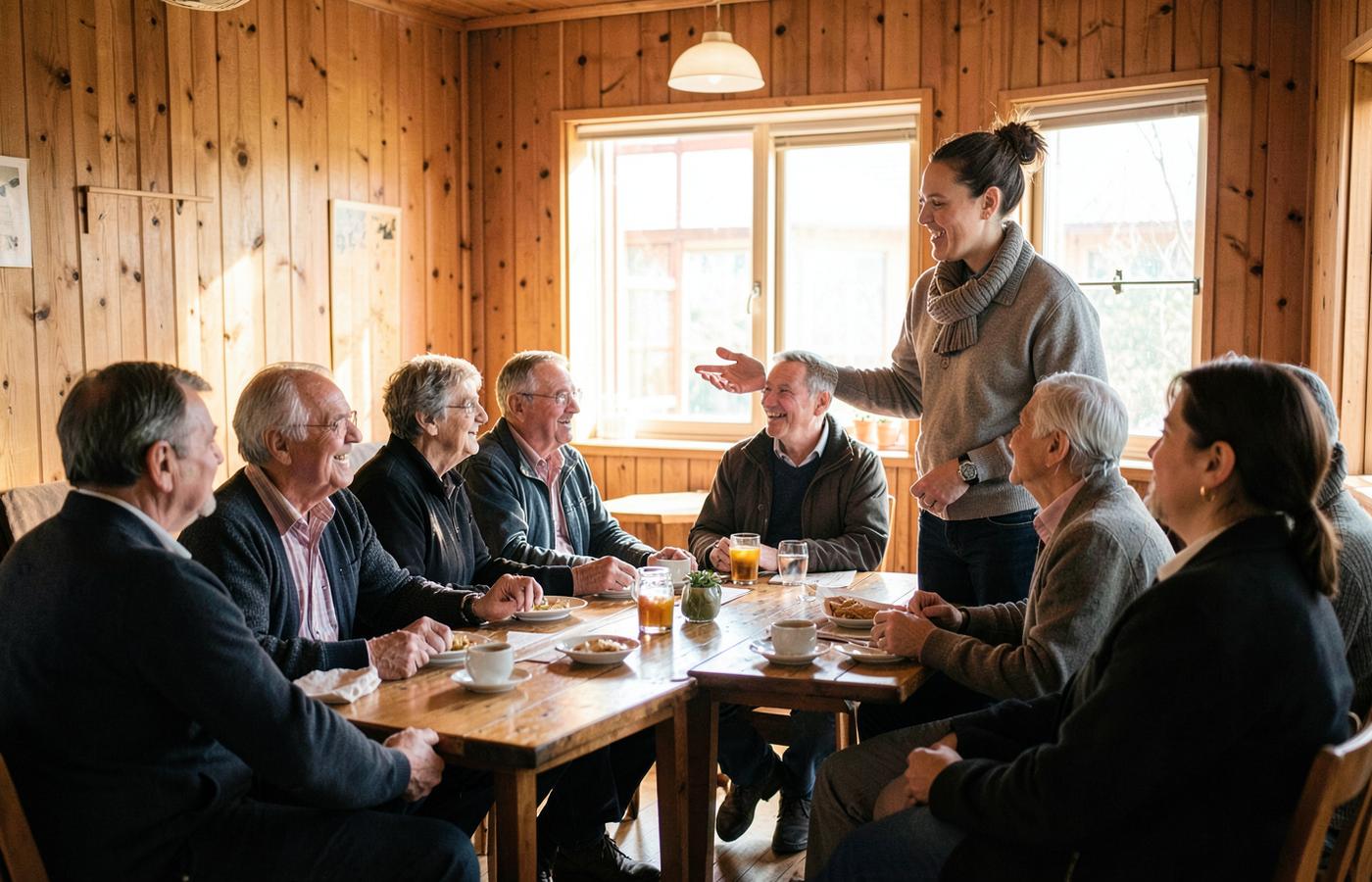 Flera generationer samtalar i en klubblokal medan någon presenterar en idé.