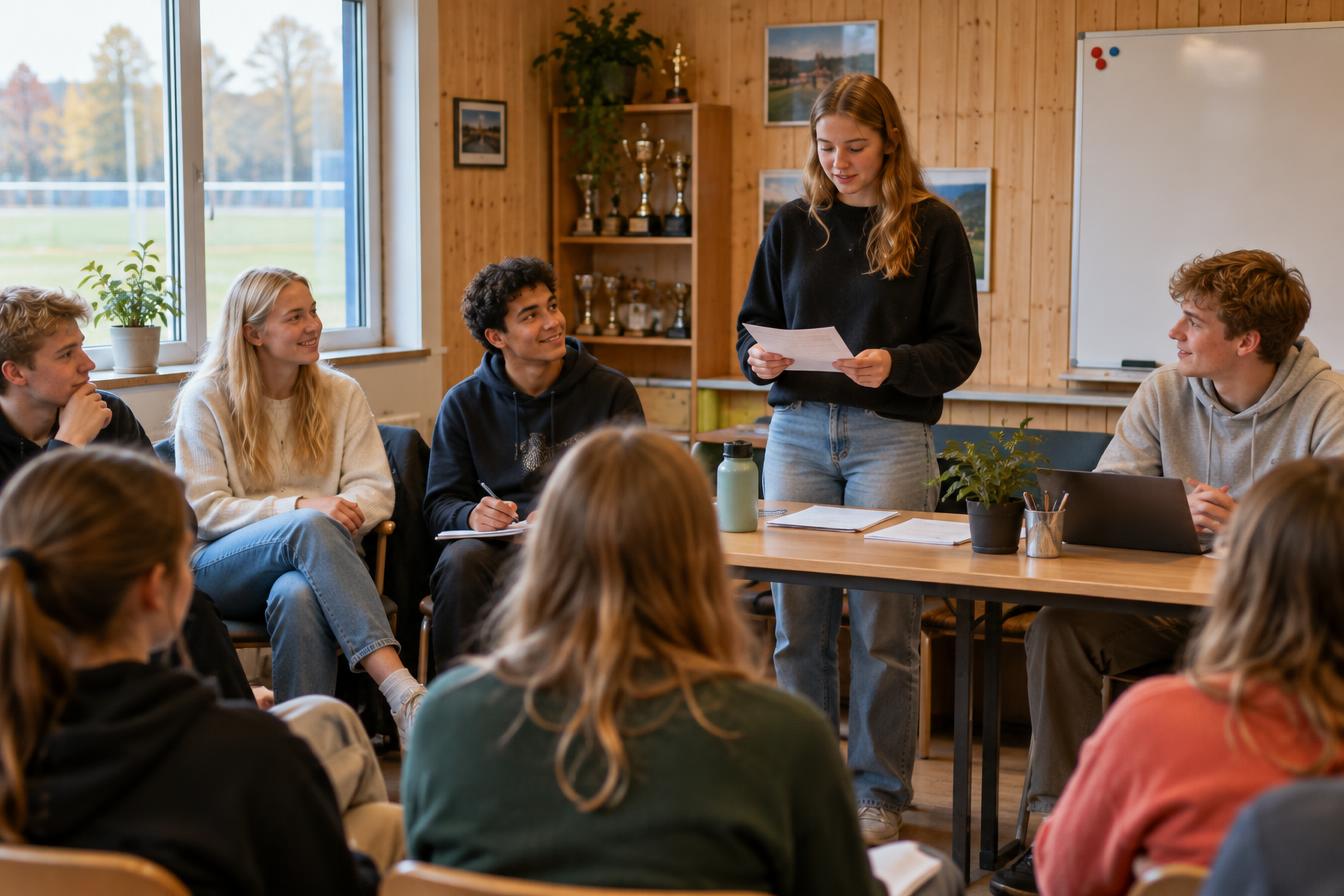 Flera generationer samtalar i en klubblokal medan någon presenterar en idé.