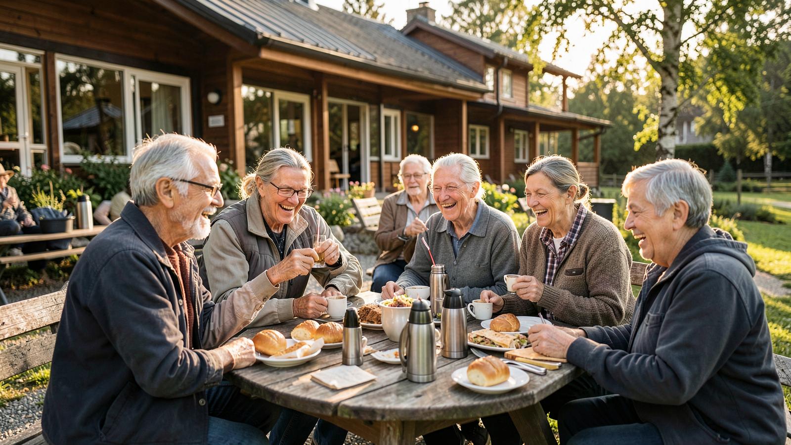 Flera generationer fikar tillsammans utomhus efter en gemensam aktivitet.
