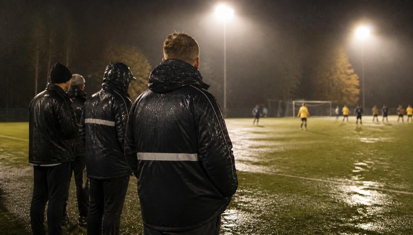 Tränare står vid en upplyst fotbollsplan en regnig novemberkväll och coachar ungdomar som spelar.