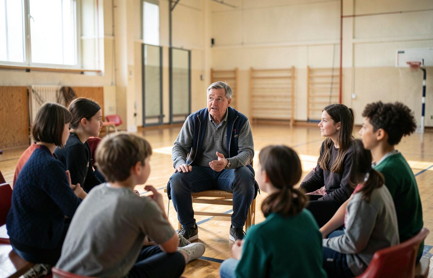 En ledare sitter i en ring och lyssnar på unga deltagare i en idrottshall.